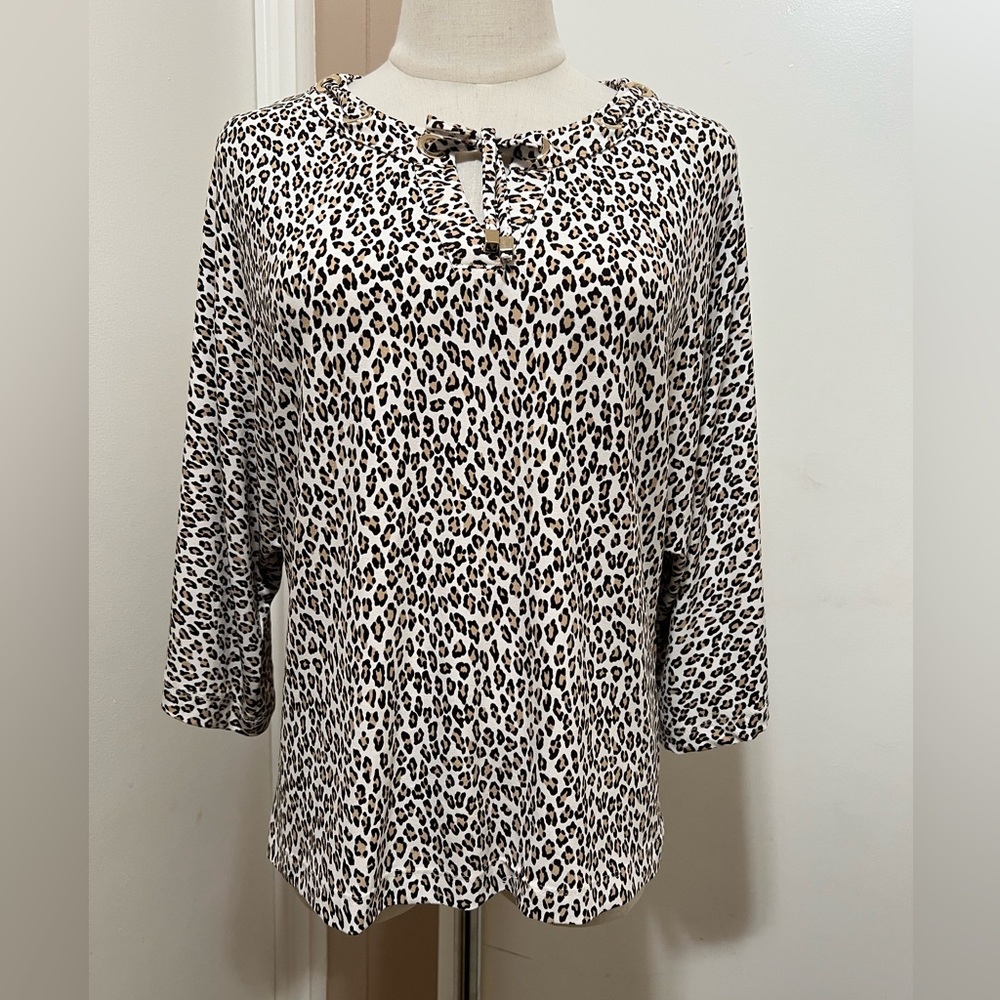 Chicos Womens Shirt Blouse Small Leopard Dolman Sleeve Animal Print Casual Top.